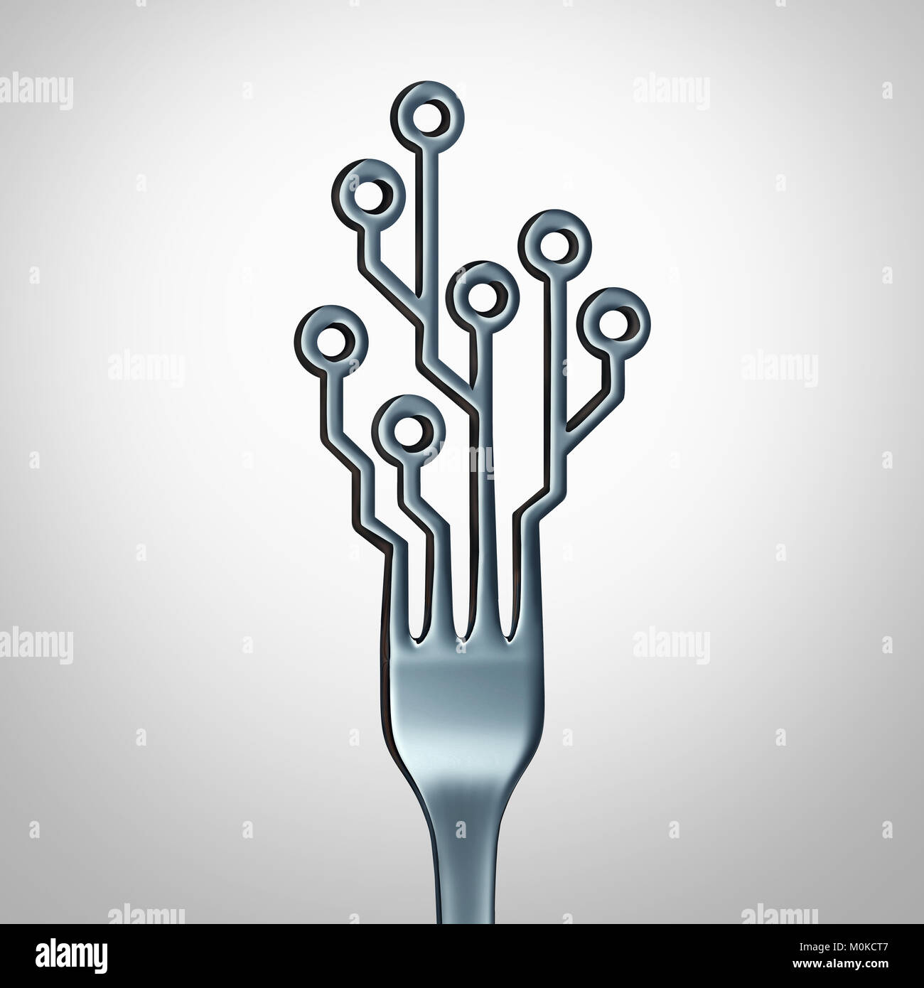 Digital food online and eating diet technology delivery and internet restaurant technology symbol as a dinner fork shaped as a computer circuit. Stock Photo
