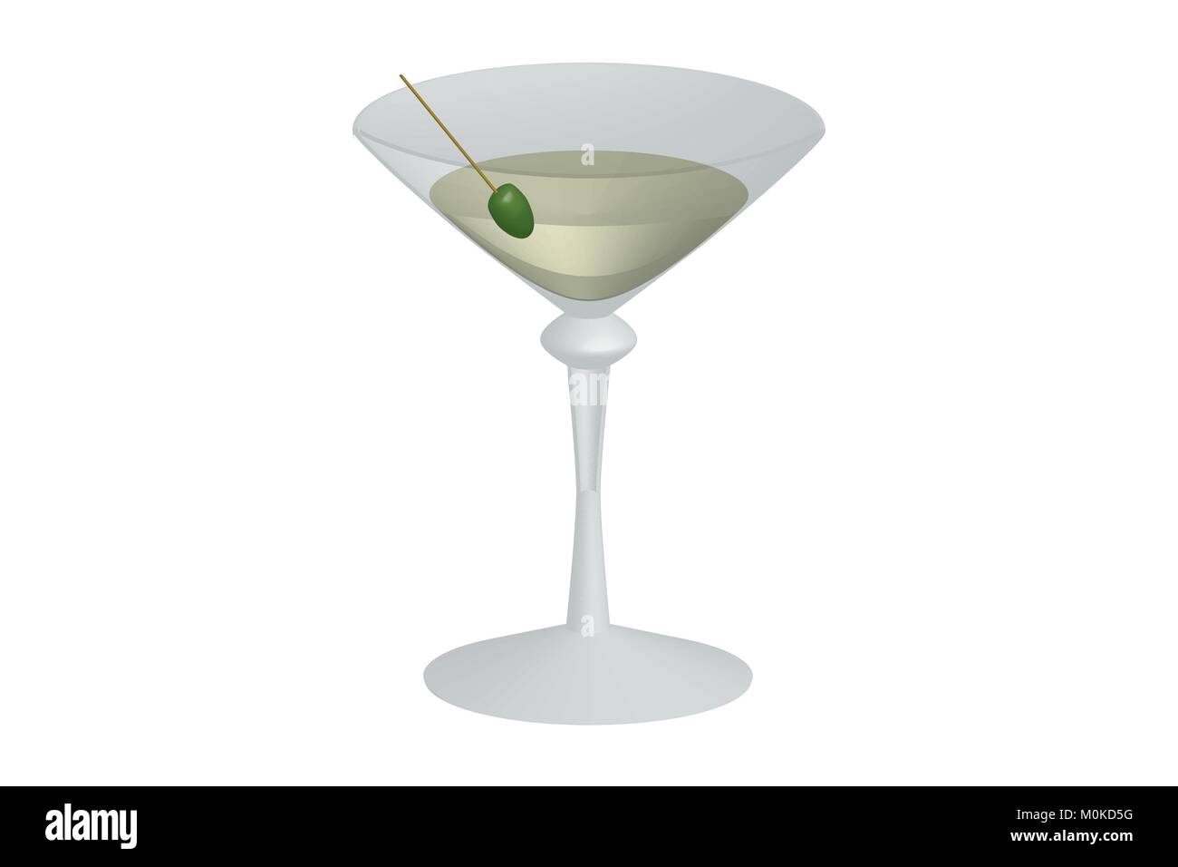 Illustration of martini glass with green olive, vector of martini glass with cocktail in it and olive/dry martini/dirty martini/perfect martini/ drink Stock Vector