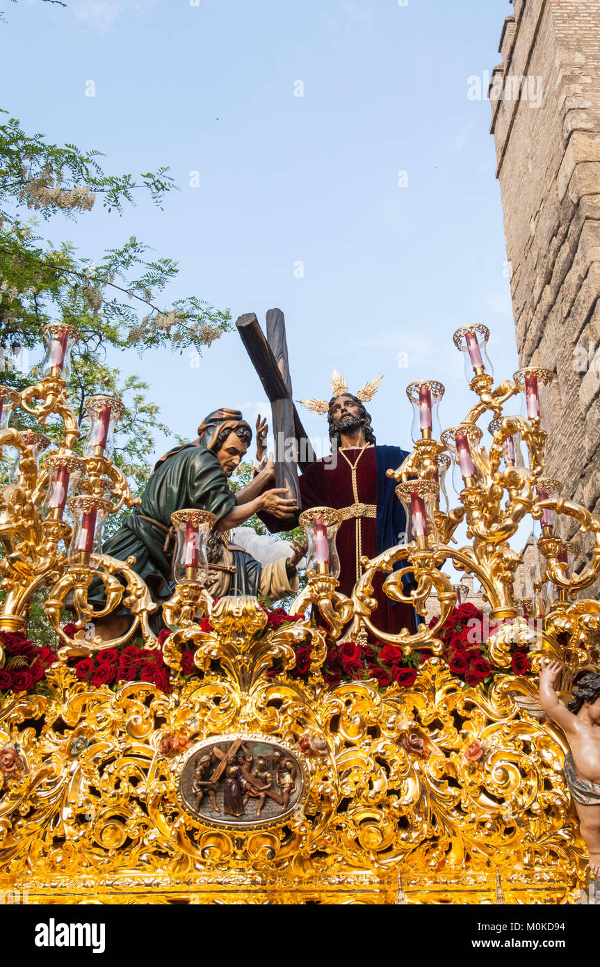 Float of Christ of the brotherhood of "La Paz" leaving the Cathedral of Seville during its penance station on Palm Sunday. Stock Photo