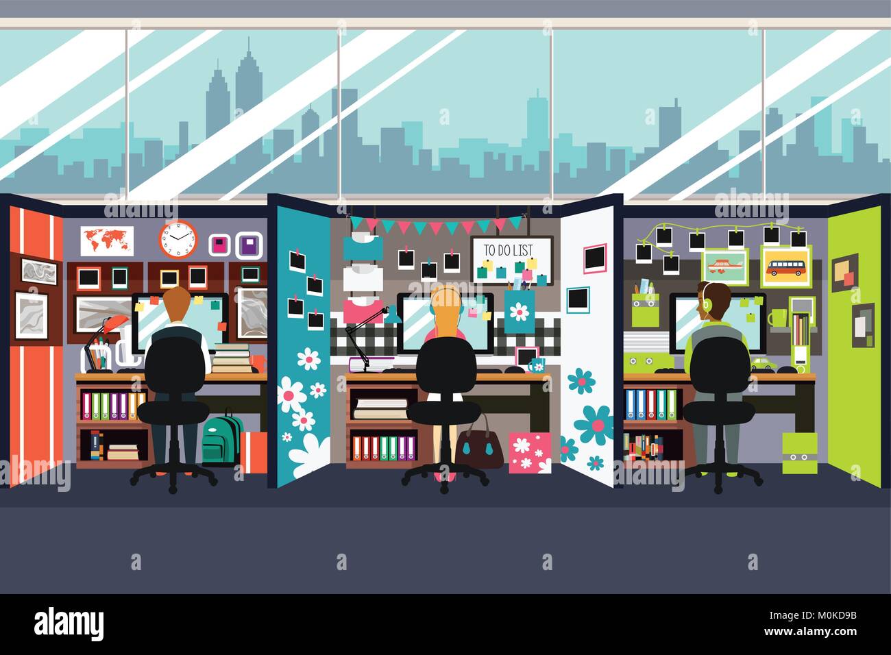 A vector illustration of Business People Working in Office Cubicles