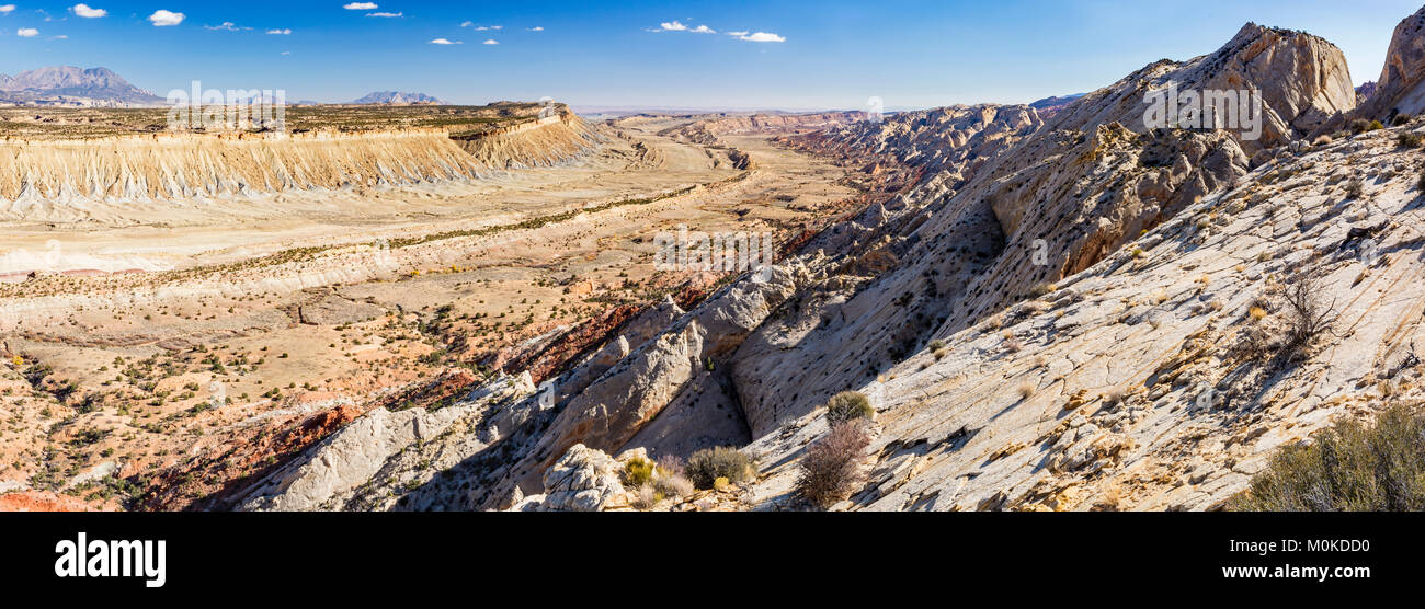 Panoramic view of the Waterpocket Fold from the Strike Valley Overlook in Capitol Reef National Park, Utah. Stock Photo
