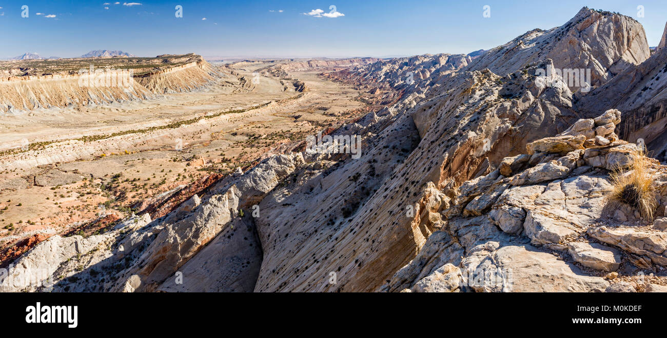 Panoramic view of the Waterpocket Fold from the Strike Valley Overlook in Capitol Reef National Park, Utah. Stock Photo