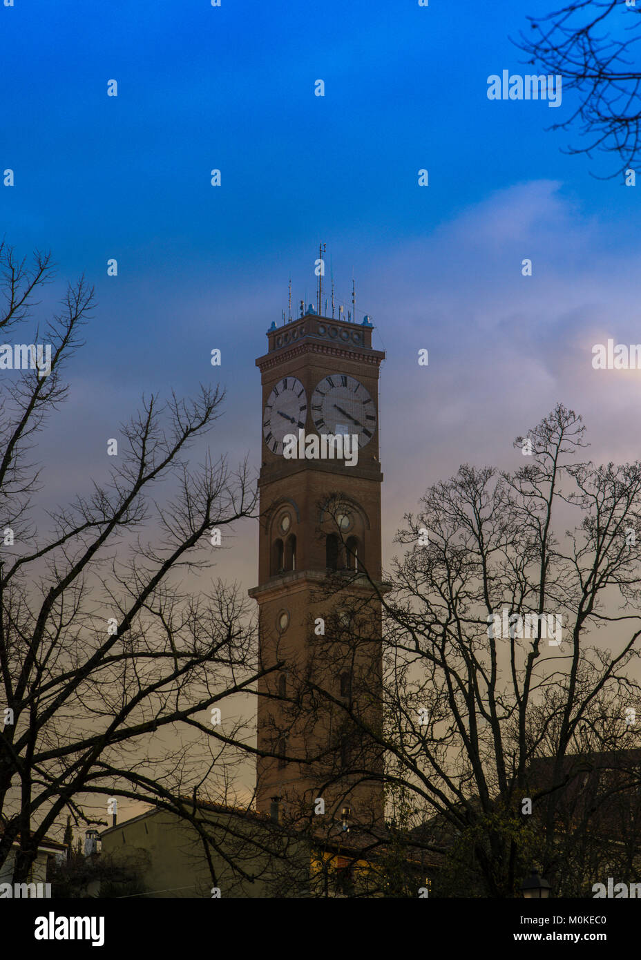 Small civic tower at blue hour, among of tree braches Stock Photo