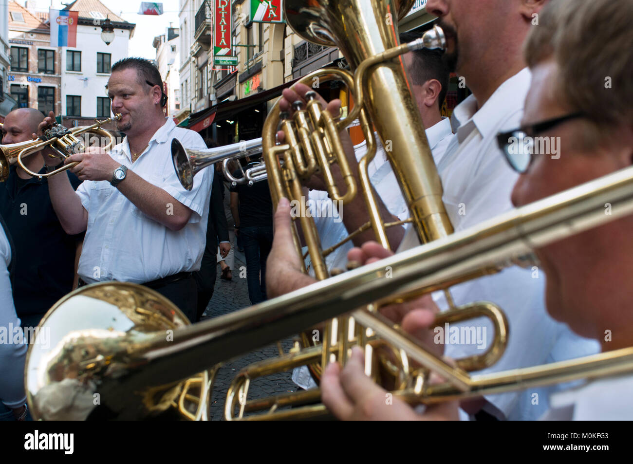 Musicians in the center of the city during the during the festival parade through Brussels, Belguim. Stock Photo