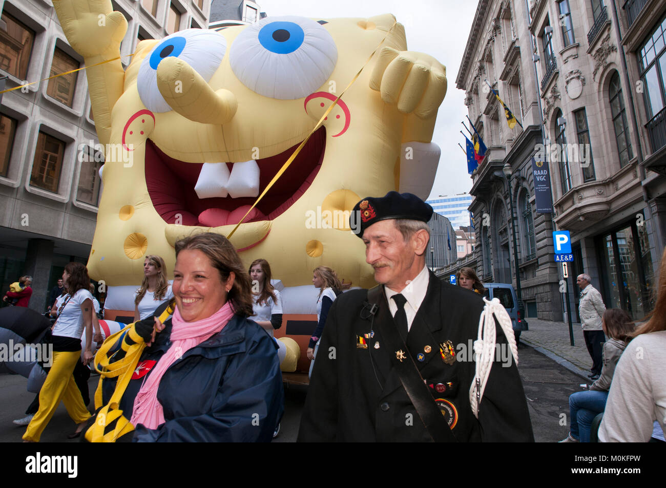 Balloon's Day Parade, Brussels, Belgium. An inflatable of Belgian comics series character Spirou collapsed as paraded during the Balloon's Day Parade  Stock Photo