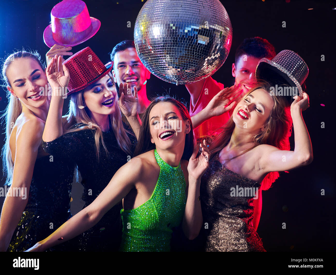 Dance party with group people dancing and disco ball Stock Photo - Alamy