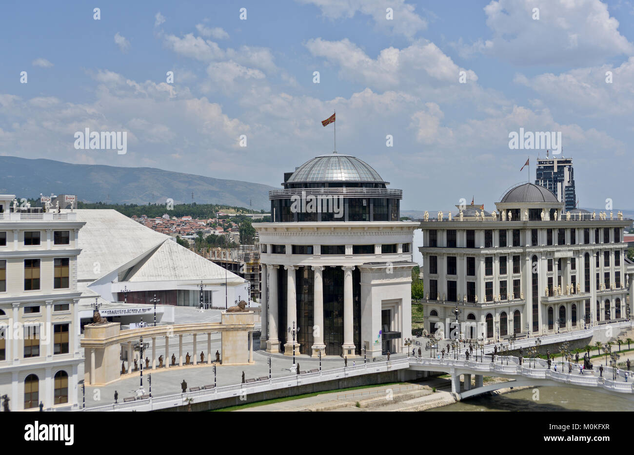 Skopje city center: Art Bridge, Opera Ballet, Agency for Electronic Communications (Macedonia) Stock Photo