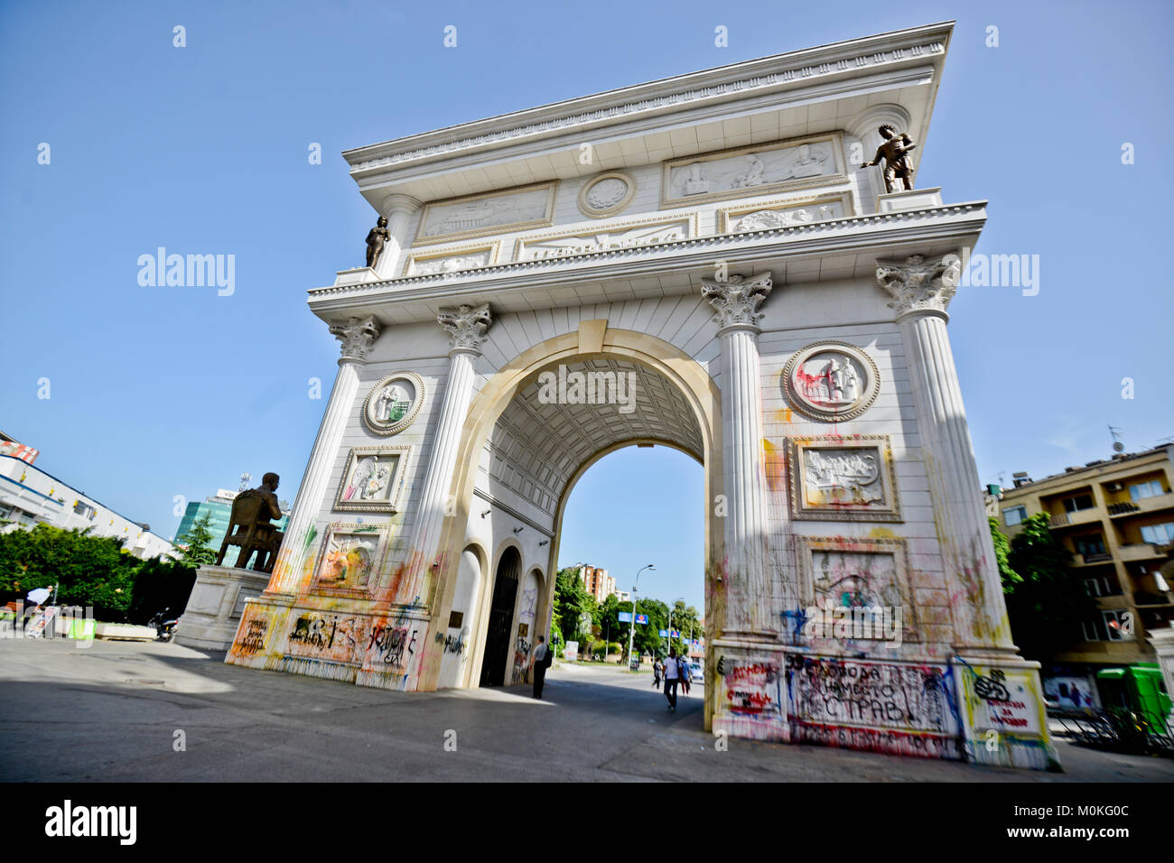 Skopje: Triumphal Arch vandalized by protesters against the VMRO-DPMNE goverment, Macedonia Stock Photo