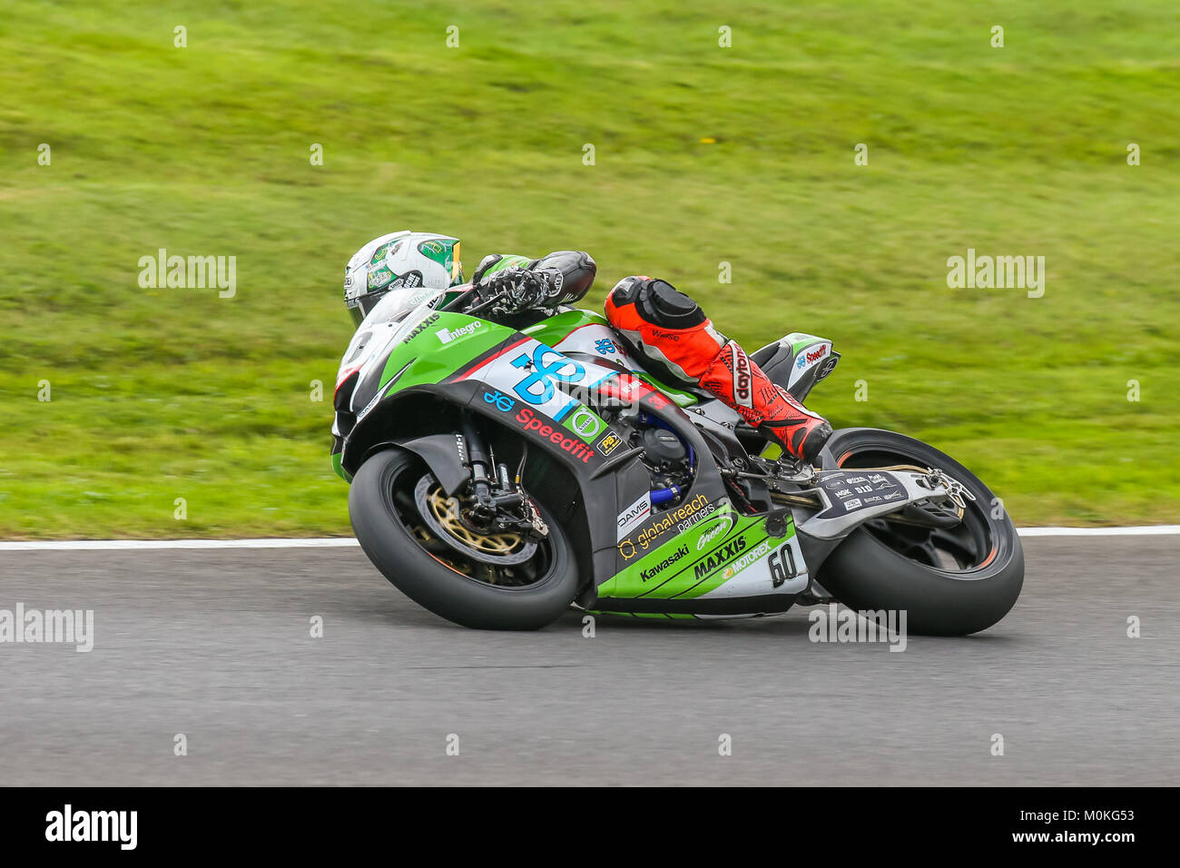Peter Hickman leans into the first part of Charlies Bend at Cadwell Park, near Louth, Lincolnshire Stock Photo