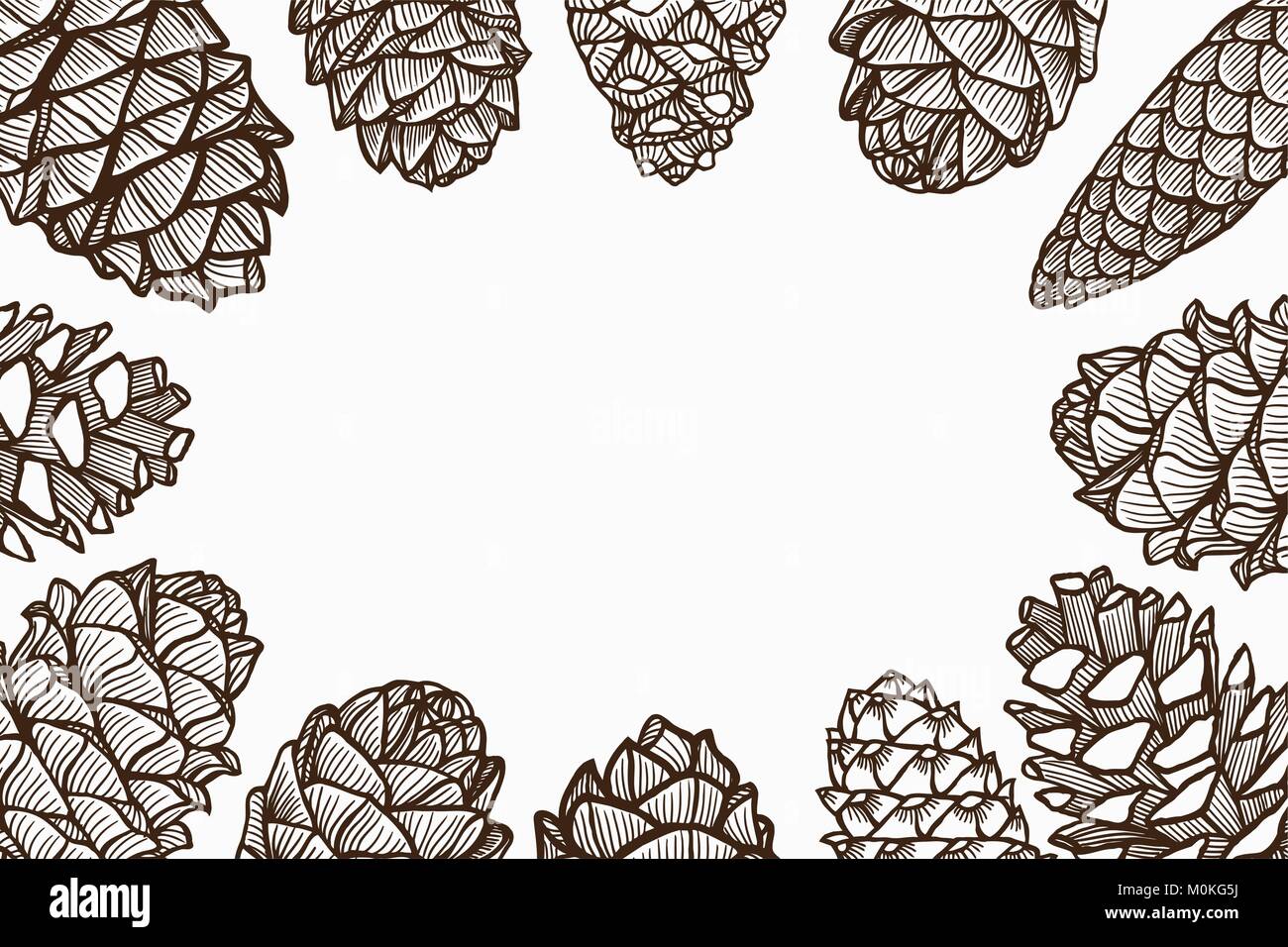 Illustration Frame of Hand Drawn Sketch of Various Style of Lovely Christmas Pine Cones Isolated on White Background, Stock Vector