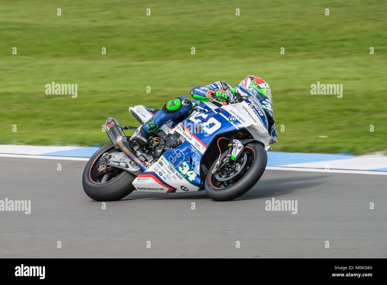 Davide Giugliano on the Motorrad Tyco BMW at the British Superbike Meeting at Donington Park, Castle Donnington, Leicestershire, England in April 2017 Stock Photo