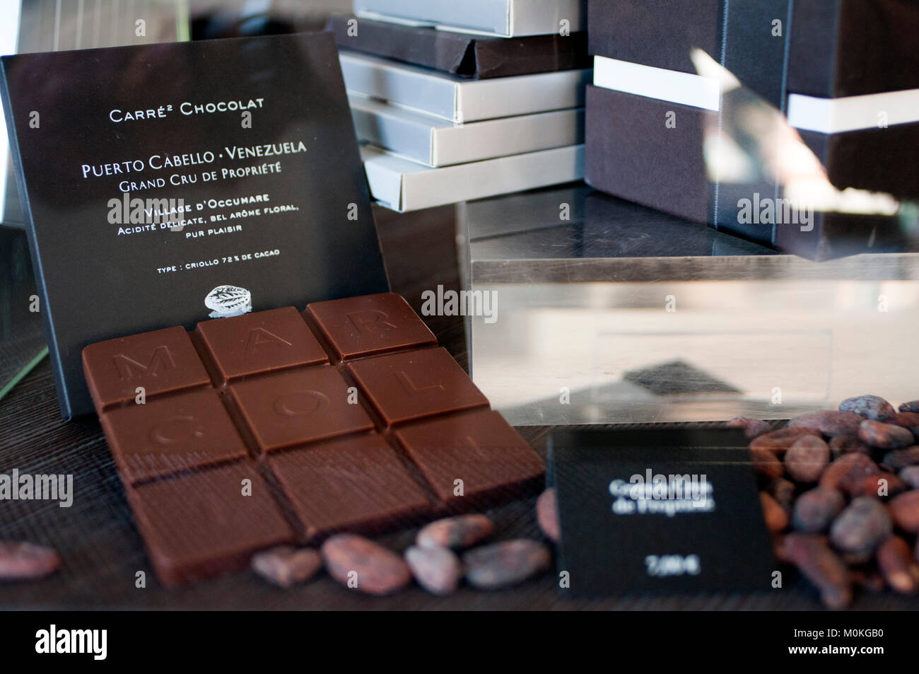 Huge choice and range of luxury Belgian chocolates displayed for sale at popular shop Pierre Marcolini in Brussels, Belgium. Stock Photo