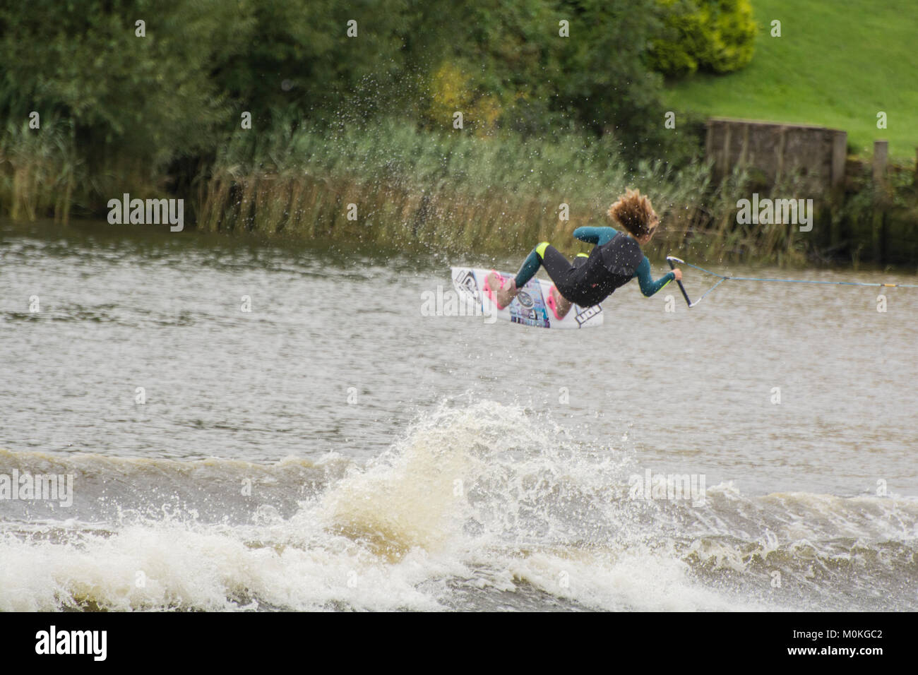 River Bann, Coleraine, Northern Ireland. - August 13th, 2016 :- A competitor in the European & African Wakeboard Championships on the River Bann Coler Stock Photo