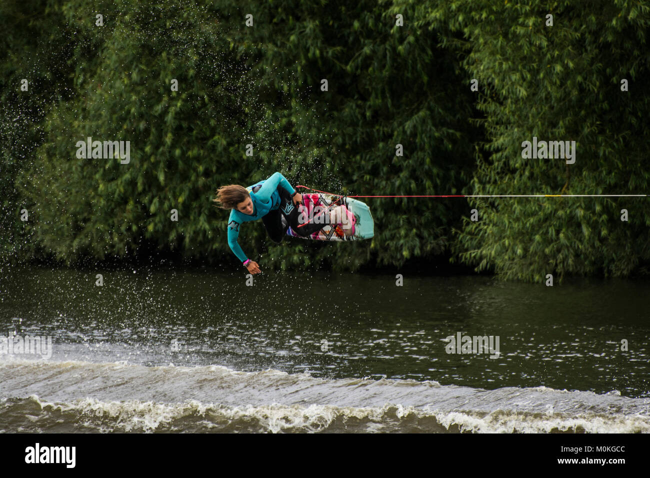 River Bann, Coleraine, Northern Ireland. - August 13th, 2016 :- A competitor in the European & African Wakeboard Championships on the River Bann Coler Stock Photo