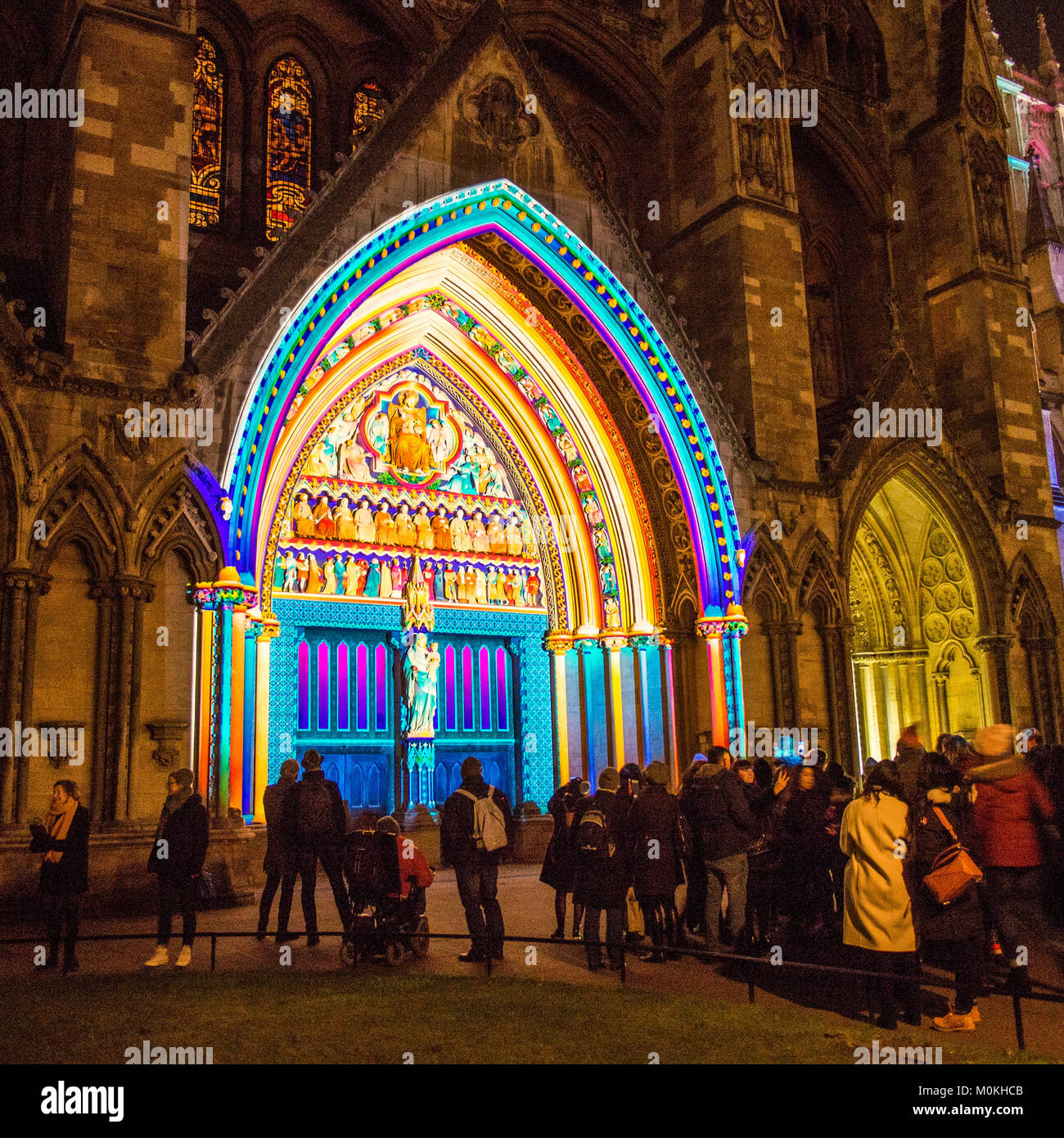 Westminster Abbey during the 'Lumiere' Light Festival, London. Stock Photo