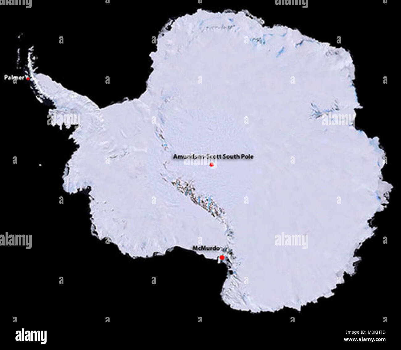 Denoted are the three U.S. year-round research stations; McMurdo Station  located on Ross Island,; Amundsen-Scott South Pole Station, at the  geographic South Pole; and Palmer Station on Anvers Island in the Antarctic