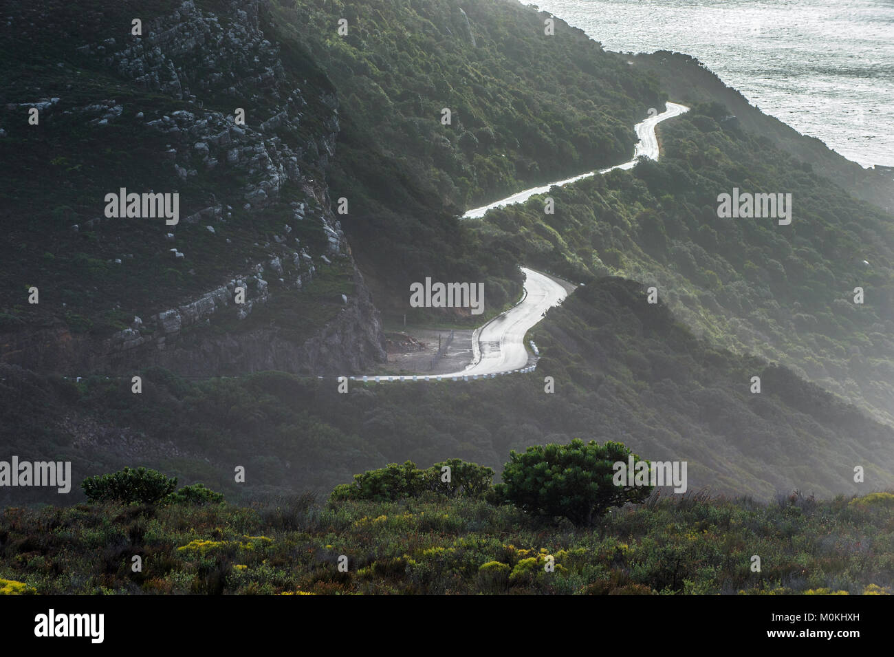 Road toward fog and the ocean. Table Mountain. South Africa Stock Photo