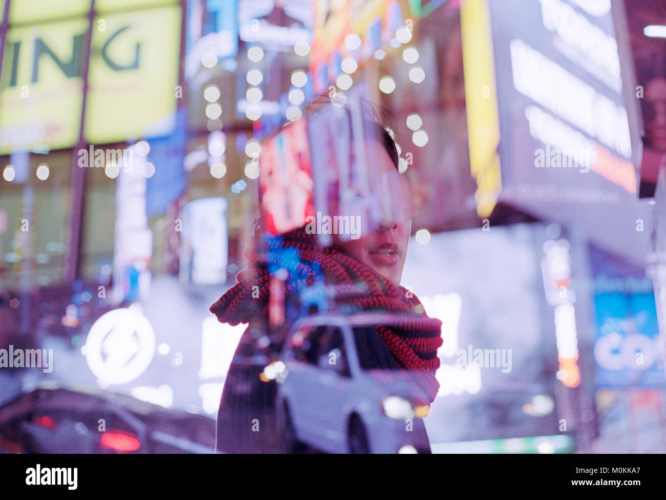 Double Exposure of asian woman in New York City, Times Square Stock Photo