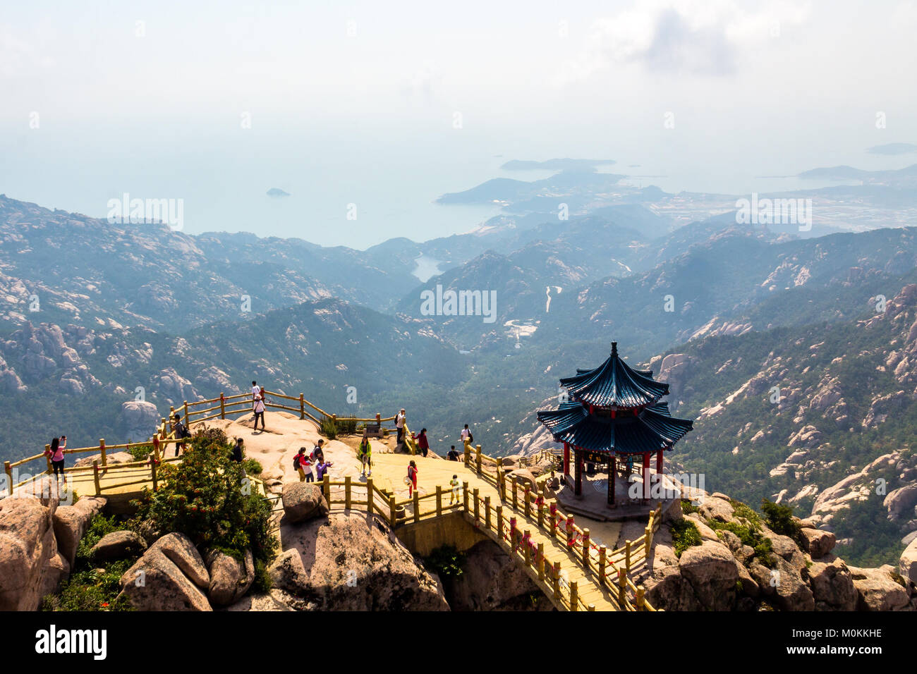 Pavilion on the top of Jufeng trail, Laoshan Mountain, Qingdao, China. Jufeng is the highest trail in Laoshan, where visitors can enjoy beautiful aeri Stock Photo