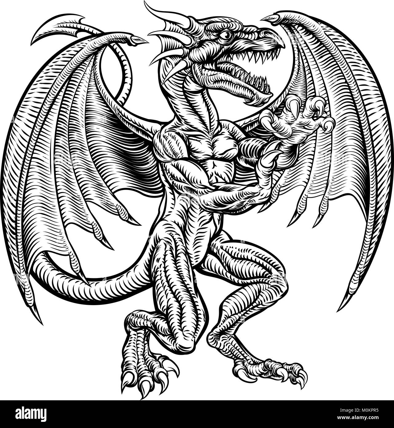 Dragon Drawing in Woodcut Vintage Style Stock Vector