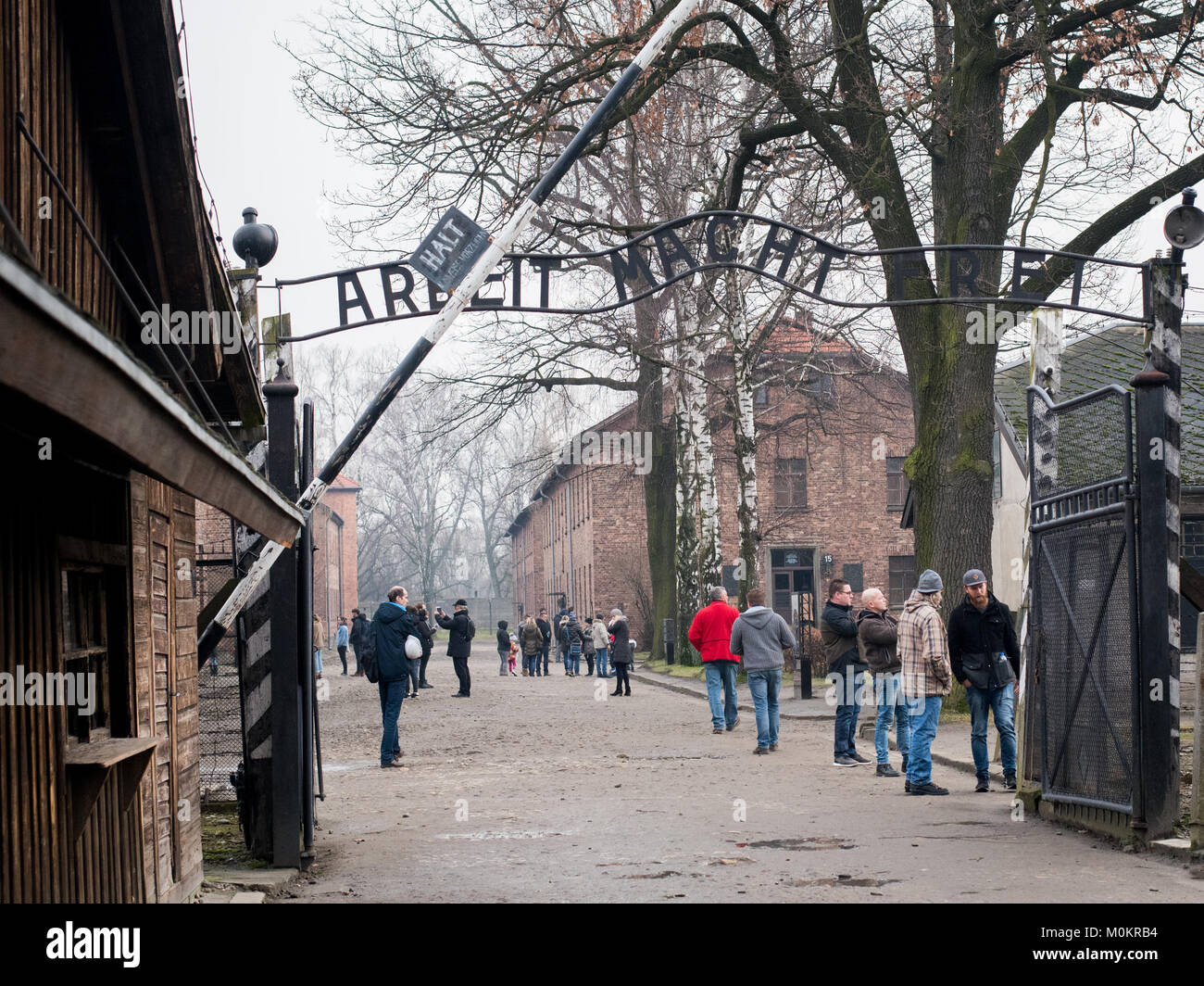 Arbeit Macht Frei sign at entrance to Auschwitz Concentration Camp, near Krakow, Poland Stock Photo