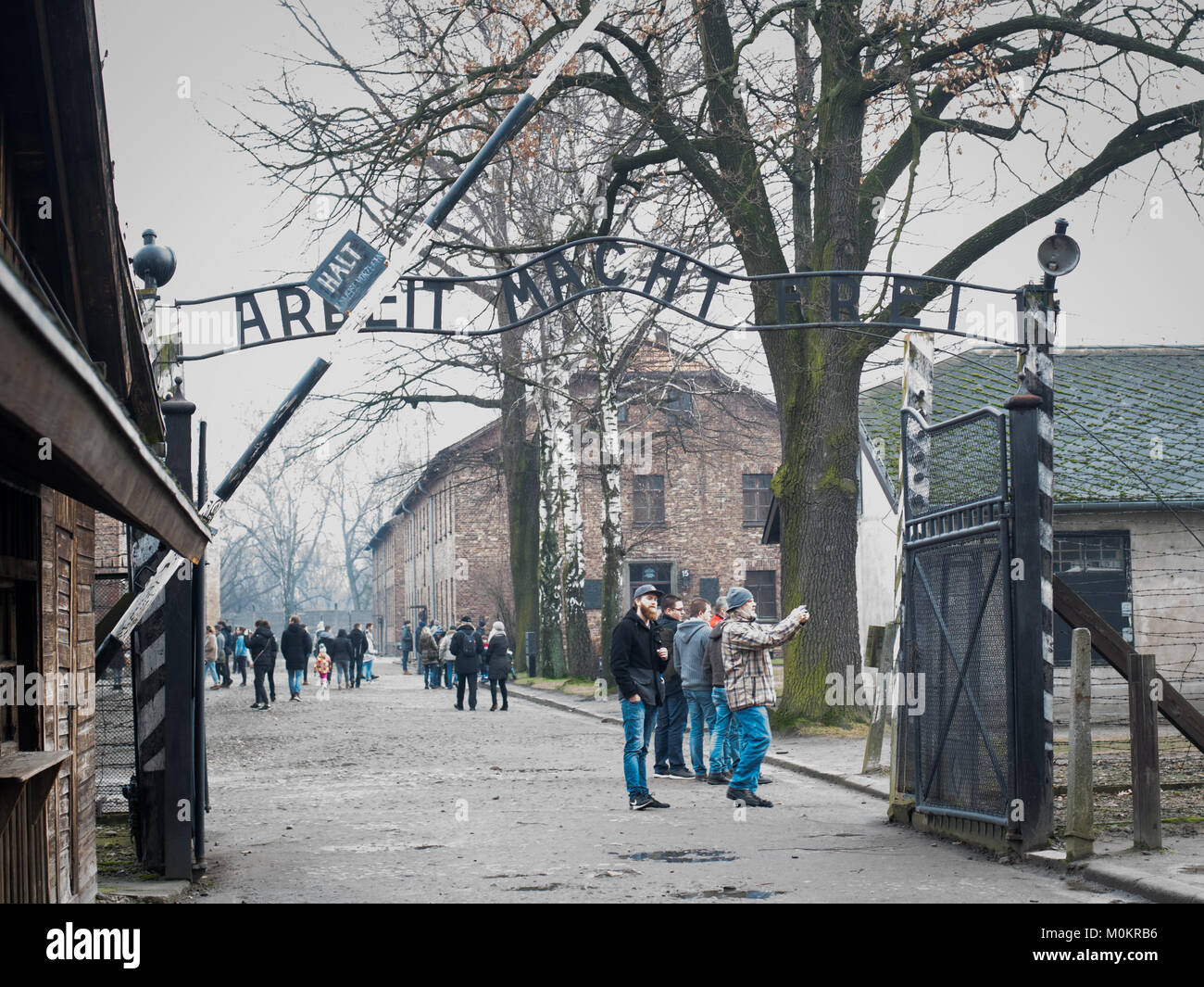 Arbeit Macht Frei sign at entrance to Auschwitz Concentration Camp, near Krakow, Poland Stock Photo