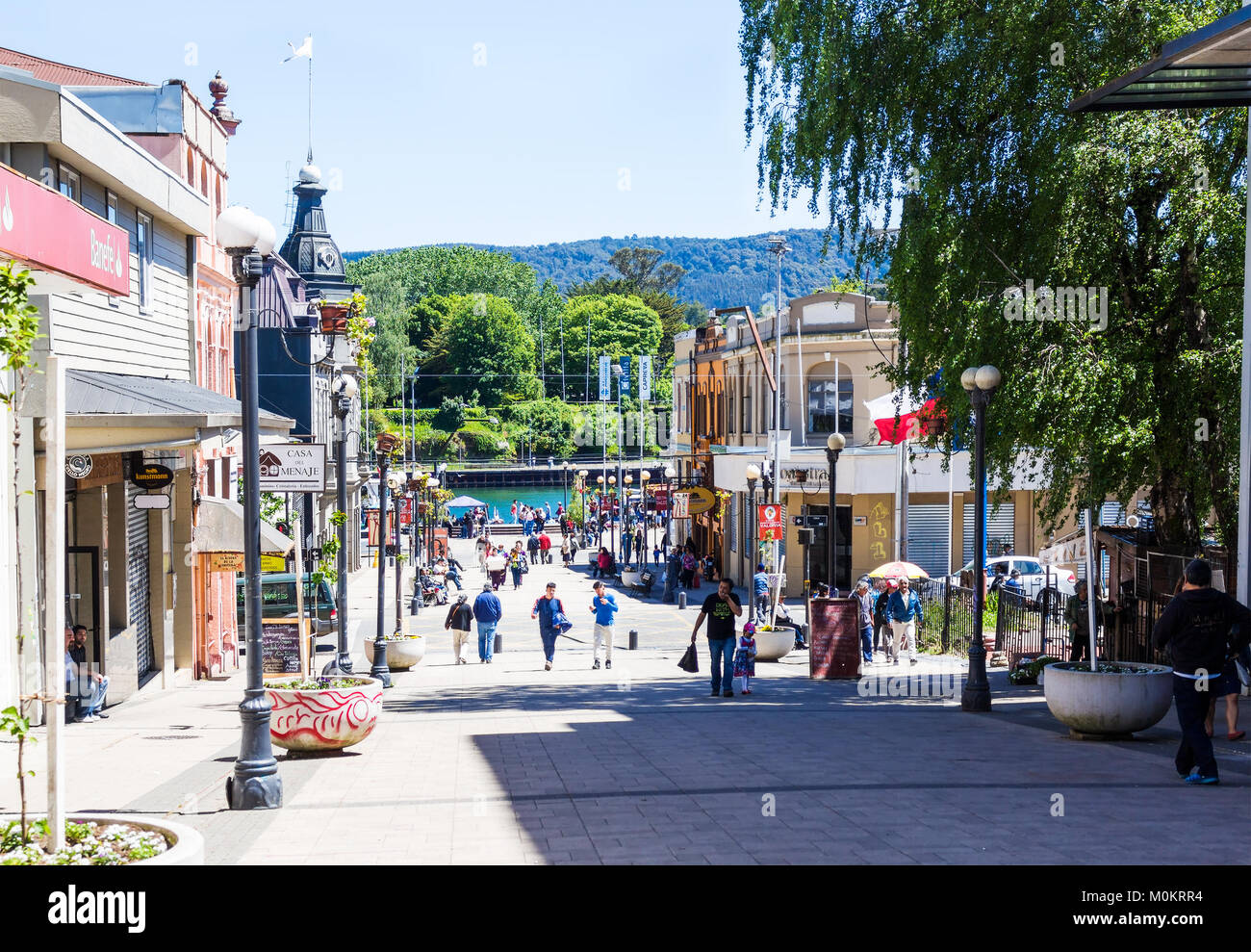 VALDIVIA, CHILE - OCTOBER 30, 2016: People walking down the pedestrian street Libertal in the center of Valdivia. This is the most beautiful and old p Stock Photo