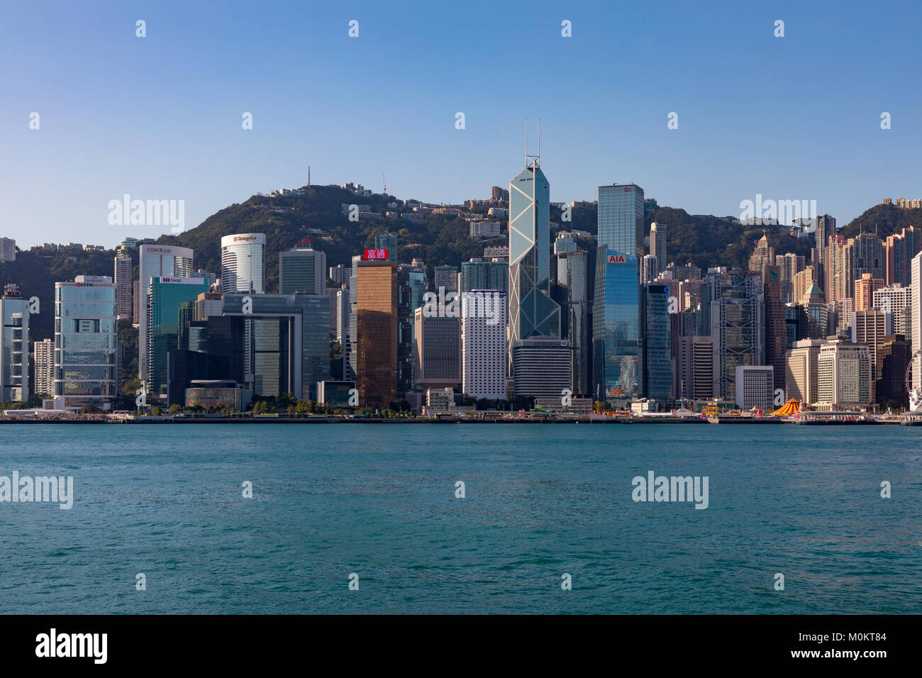 Hong Kong China Asia January 12, 2018 Hong Kong island from Tsim Sha Tsui, across Hong Kong Harbour Stock Photo