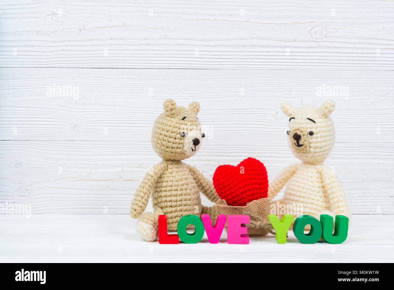 Sweet couple teddy bear doll in love with Love text and red knitting ...