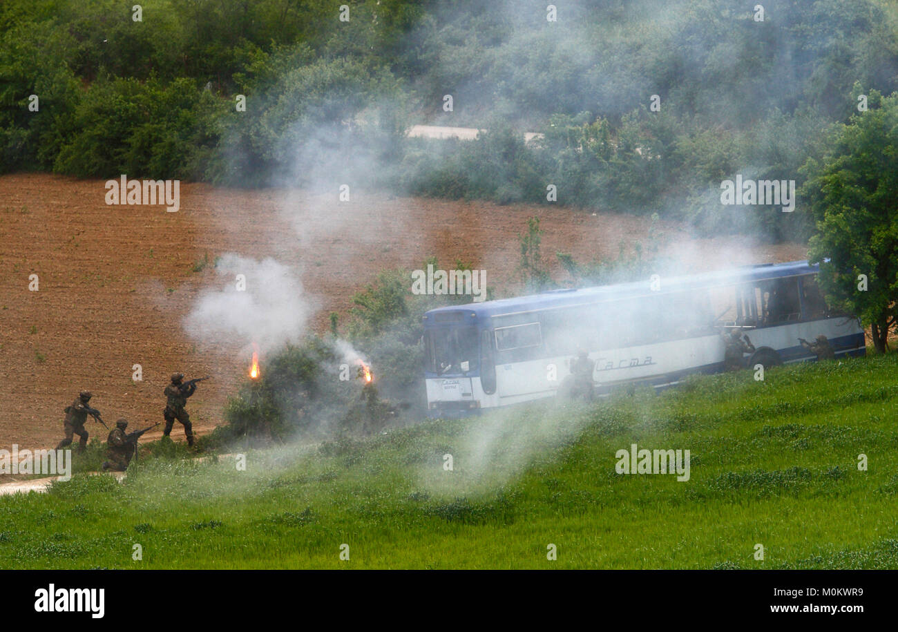 Barajevo, Serbia - May 7, 2010: Demonstrational exercise of anti-terrorist unit of Serbian police near Belgrade Stock Photo