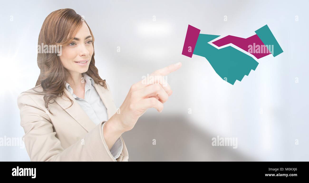 Businesswoman pointing at handshake icon Stock Photo - Alamy