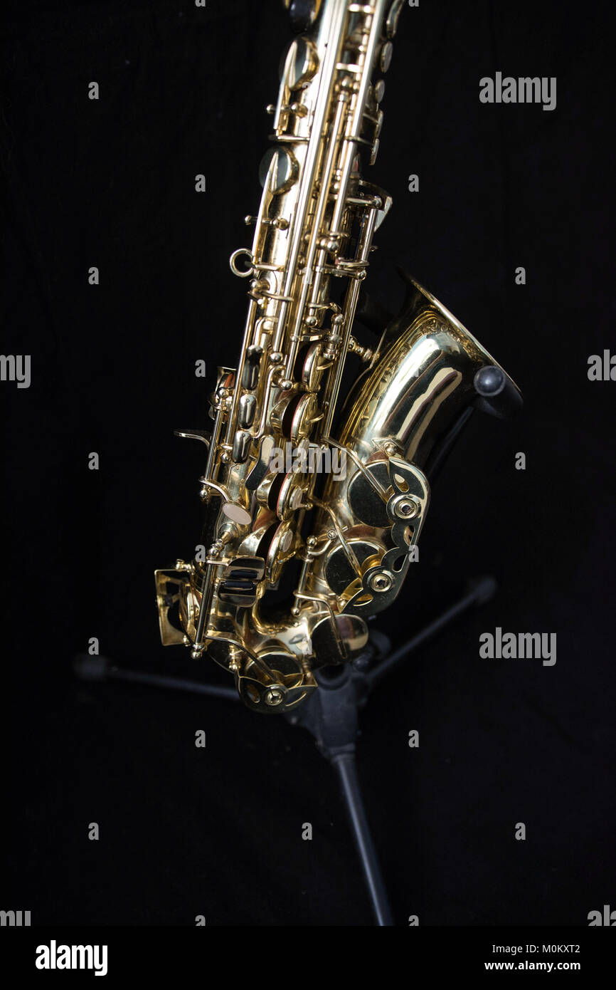 Close up of a standing golden saxophone isolated in black Stock Photo