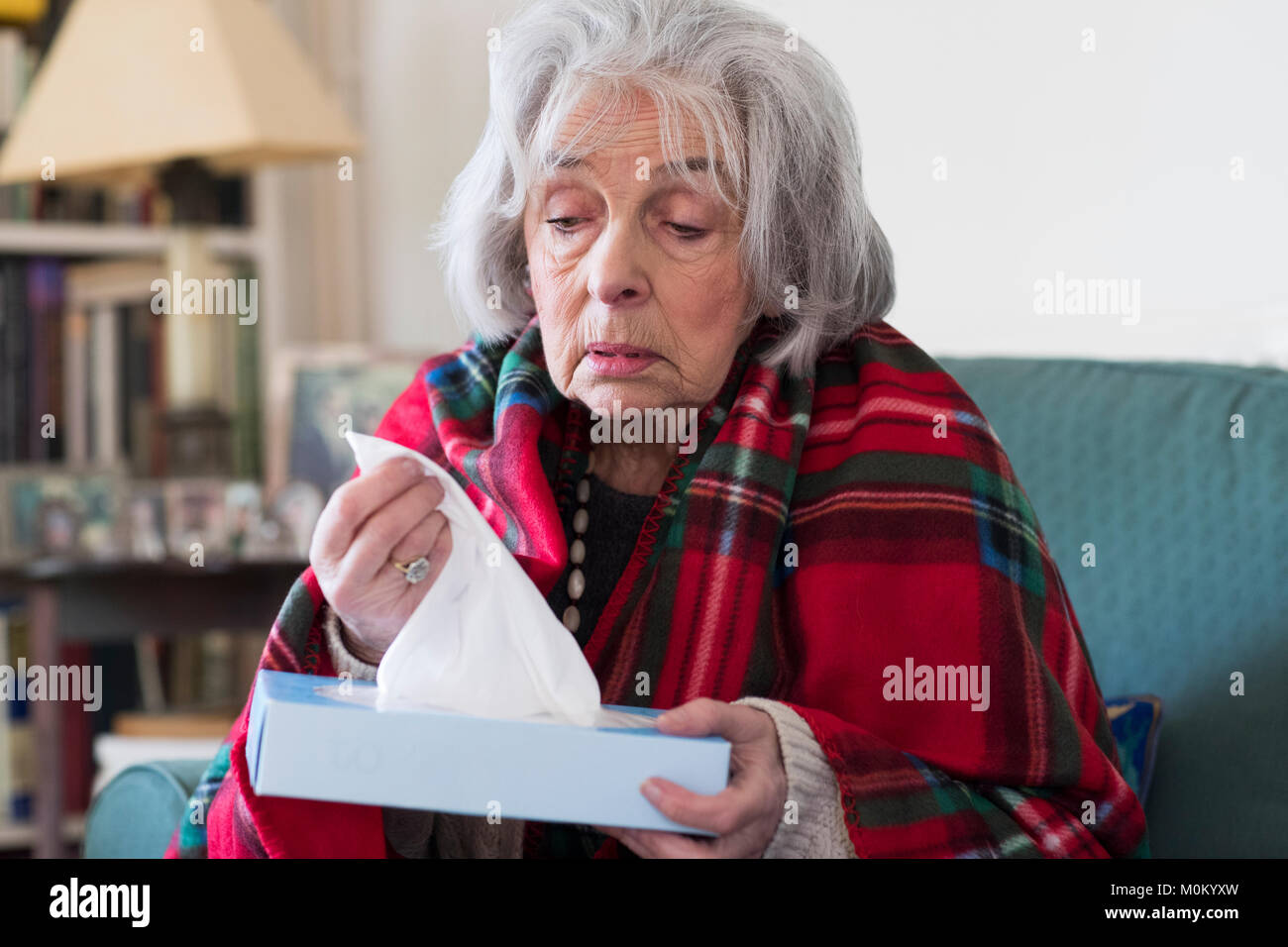 Senior Woman At Home Suffering With Flu Virus Stock Photo