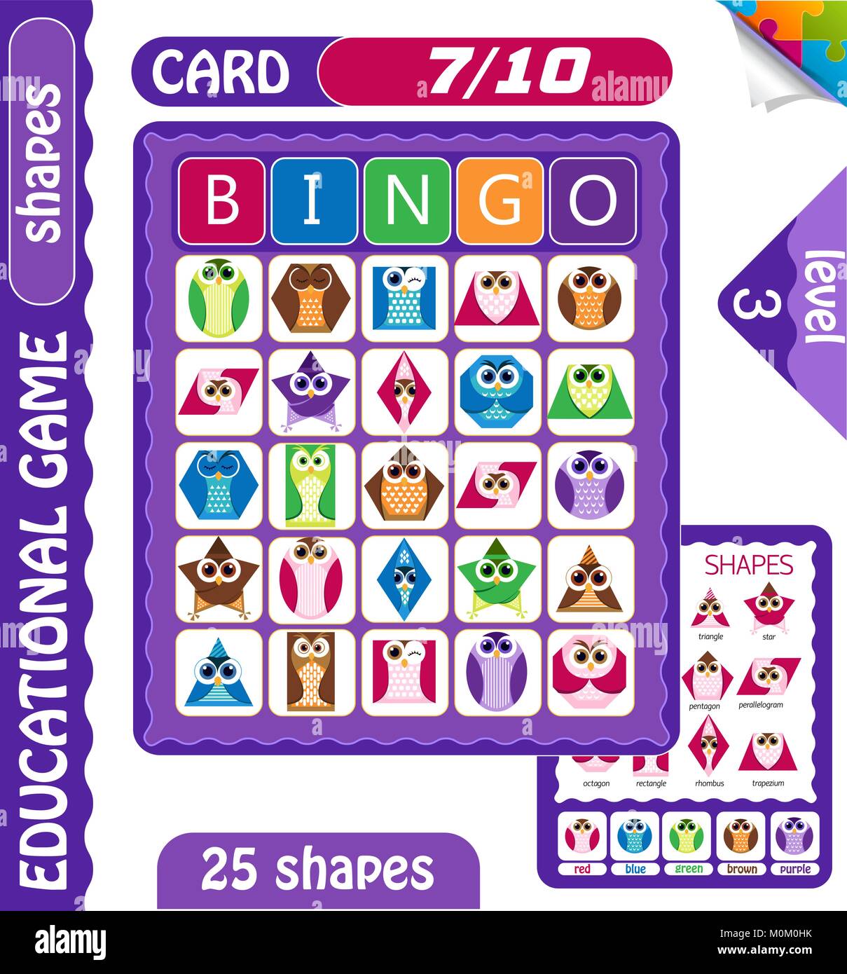 educational bingo game for preschool kids with shapes in the form of owls. Bingo cards. Cartoon