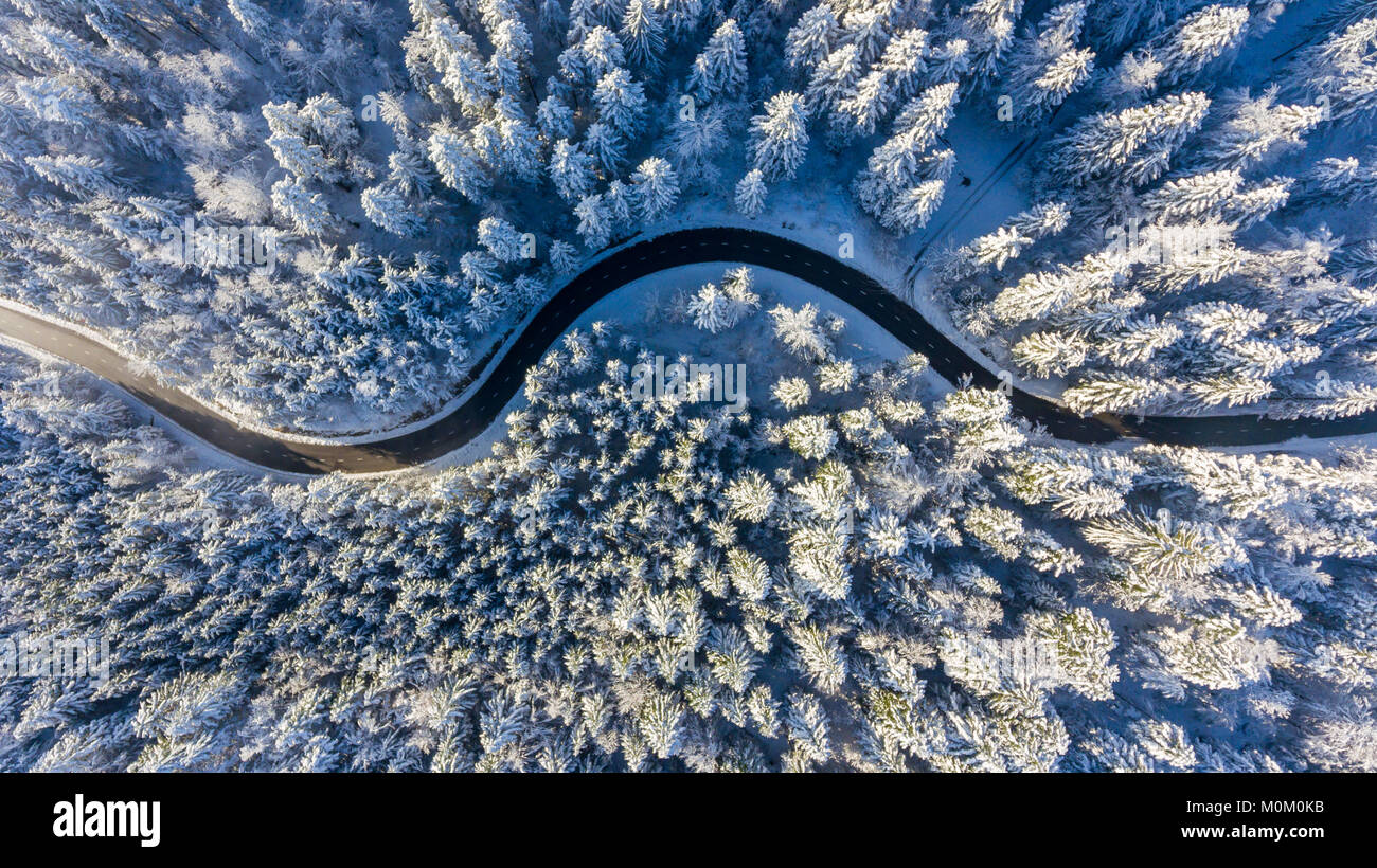 Winding road through a winter forest. Aerial view Stock Photo - Alamy