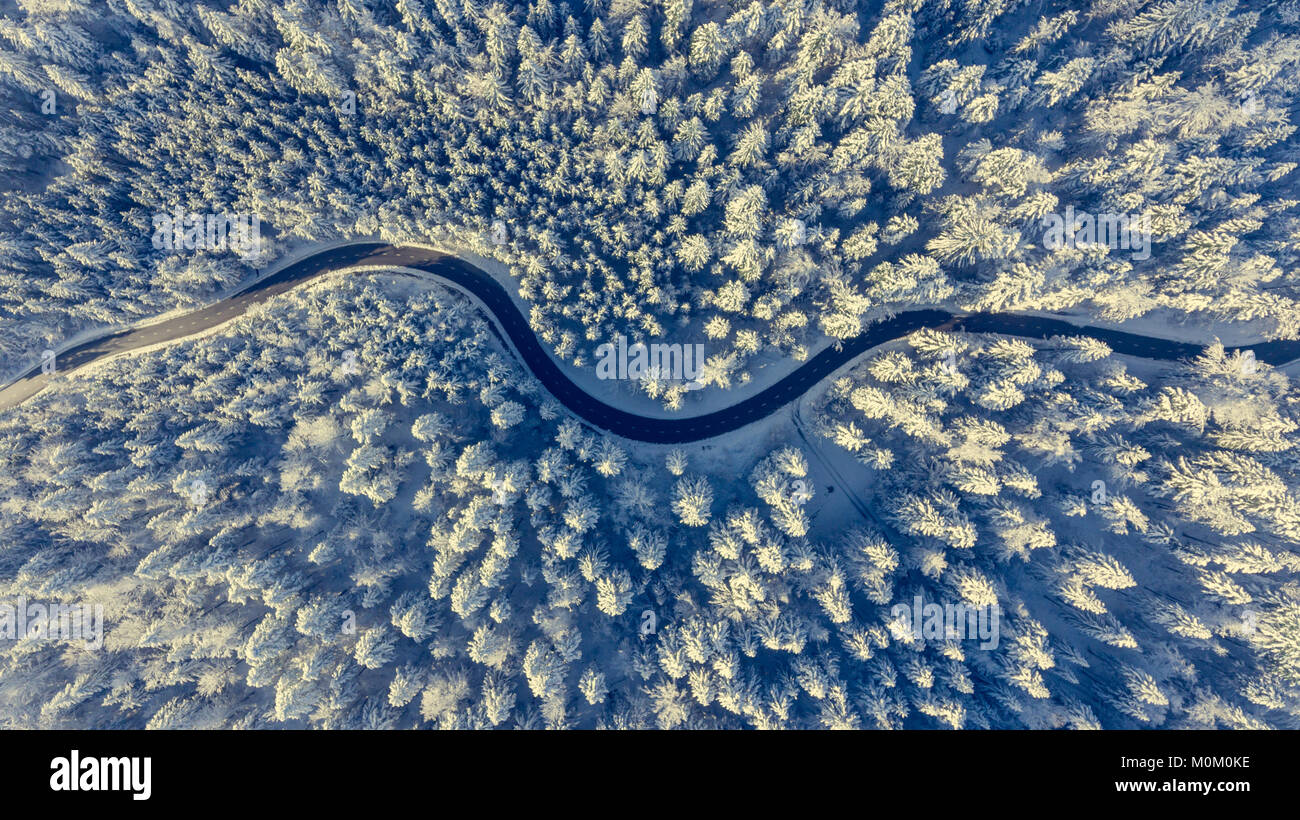 Winding road through a winter forest. Aerial view Stock Photo - Alamy