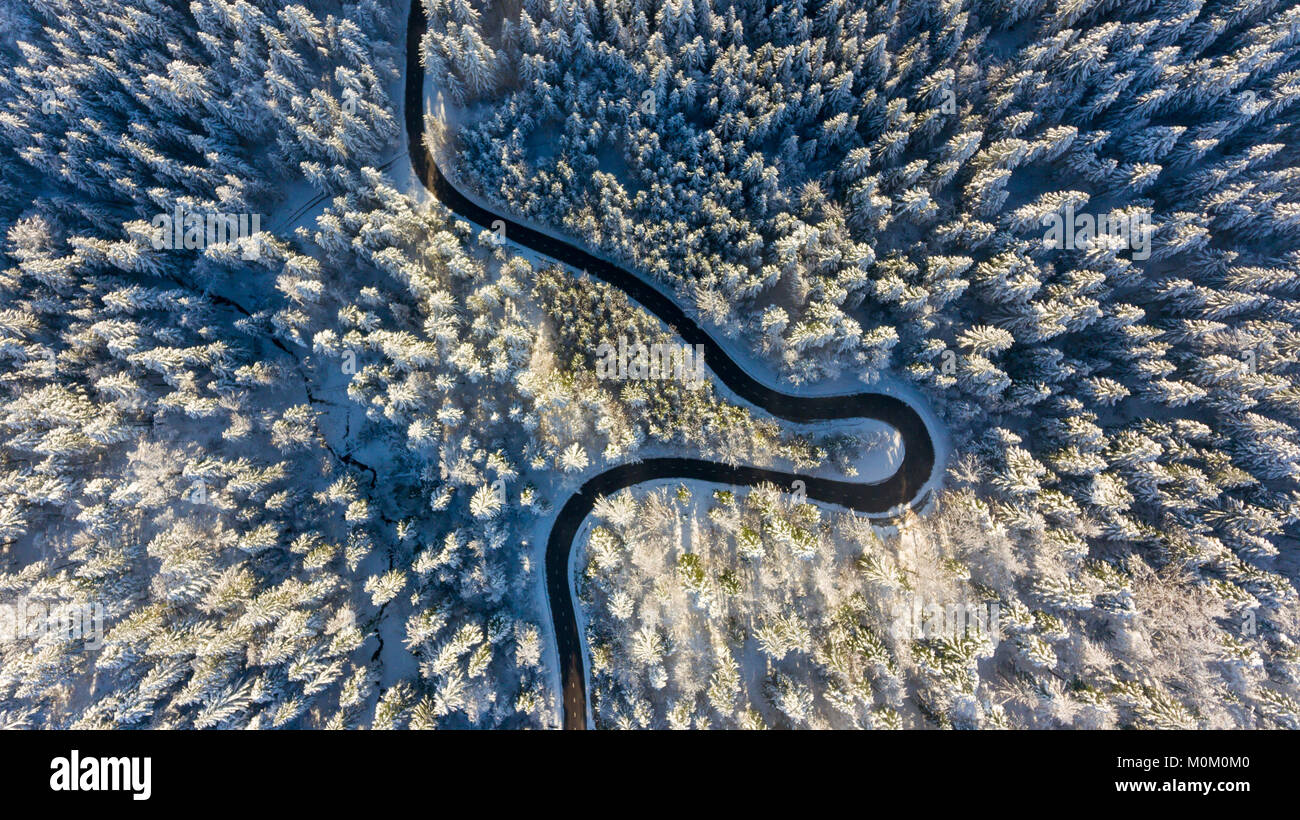 Winding road through a winter forest. Aerial view Stock Photo - Alamy