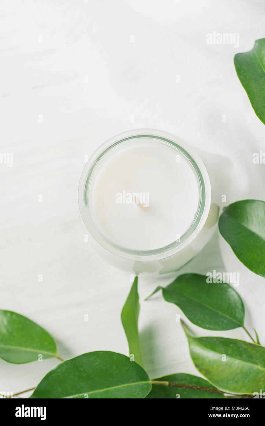 White Candle in Glass Jar Ficus Tree Branch with Young Fresh Green Leaves on White Wood Background. Styled Stock Photo for Social Media Blog. Wellness Stock Photo