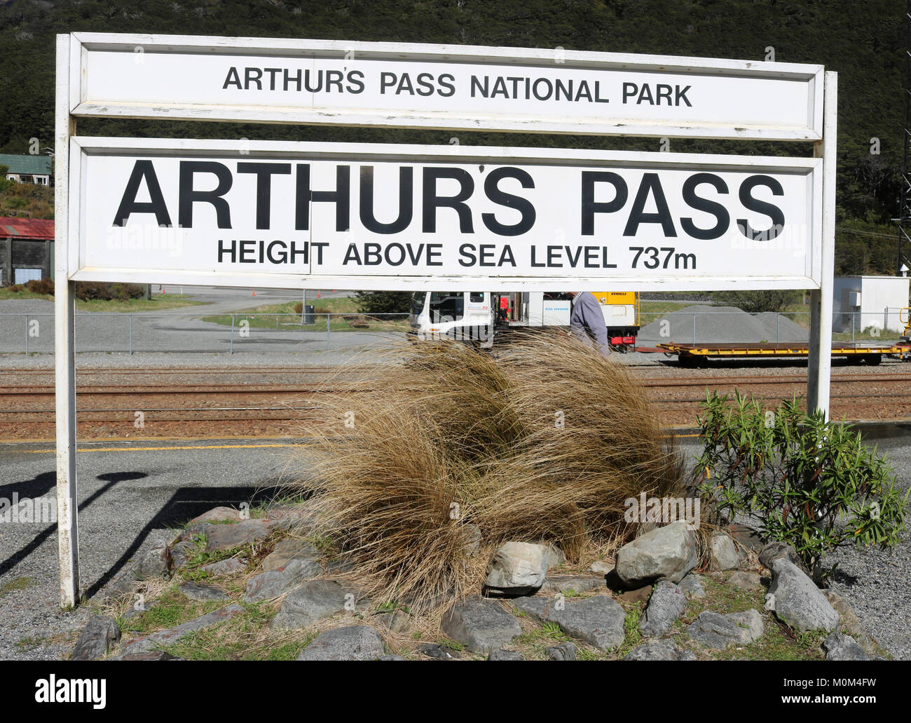 Station Sign at Arthur's Pass on the route of the Trans Alpine Express across from Christchurch to Greymouth, South Island, New Zealand, Stock Photo