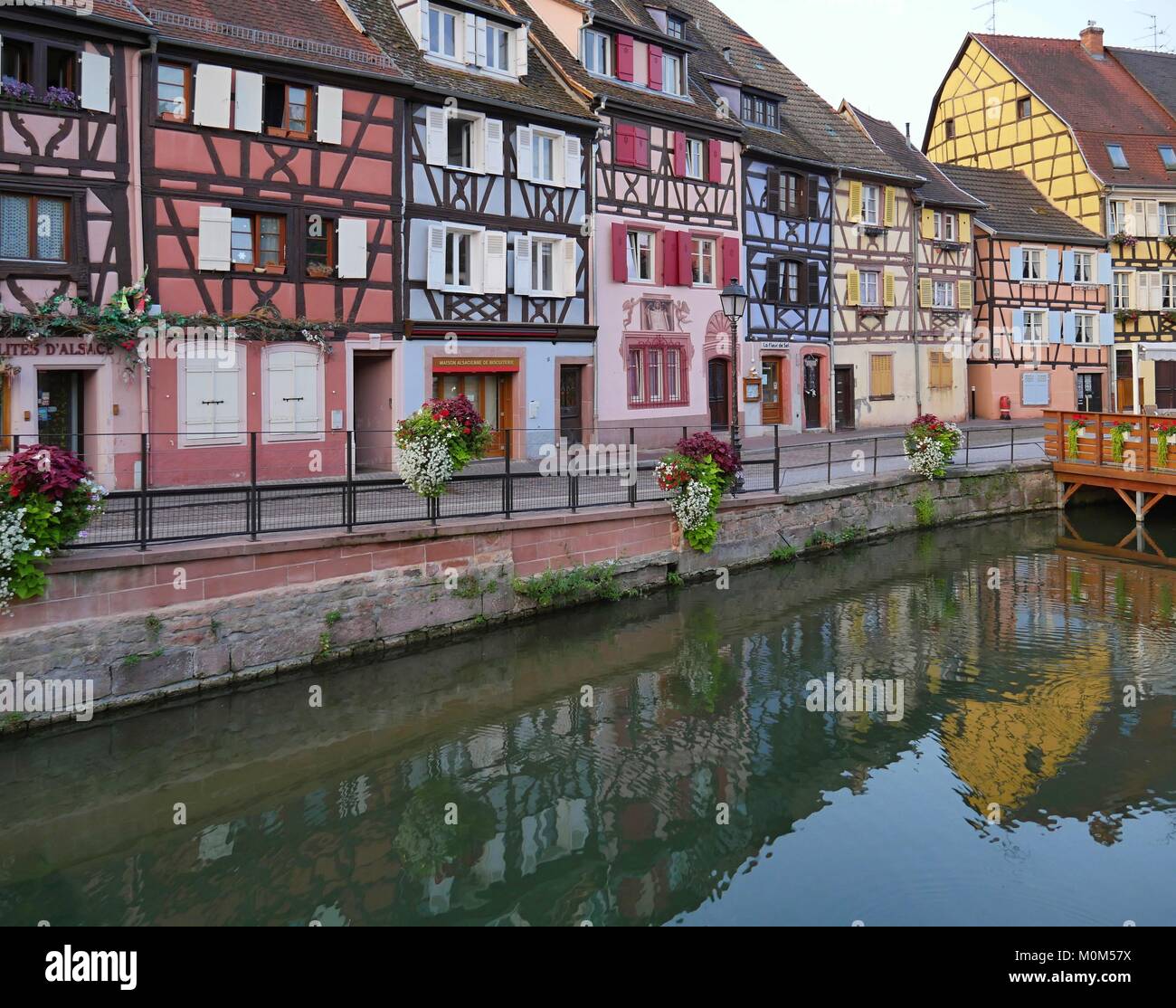 Early morning. Medieval houses Old Town, Colmar, Alsace, France Stock Photo