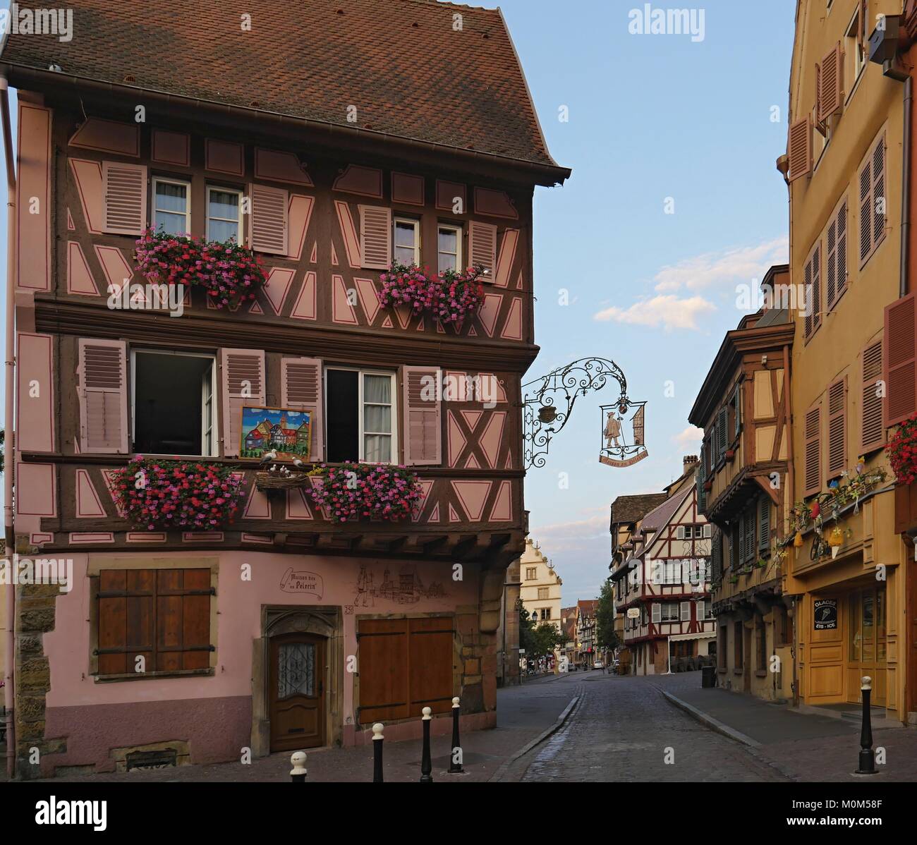 Early morning. Medieval houses Old Town, Colmar, Alsace, France Stock Photo