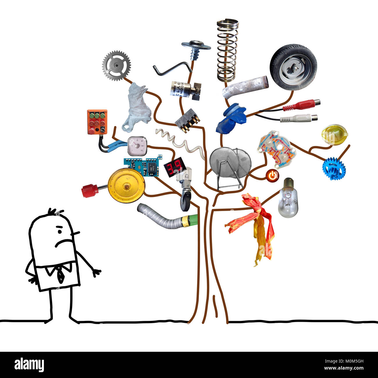 Cartoon Man Watching a Garbage Tree Stock Photo