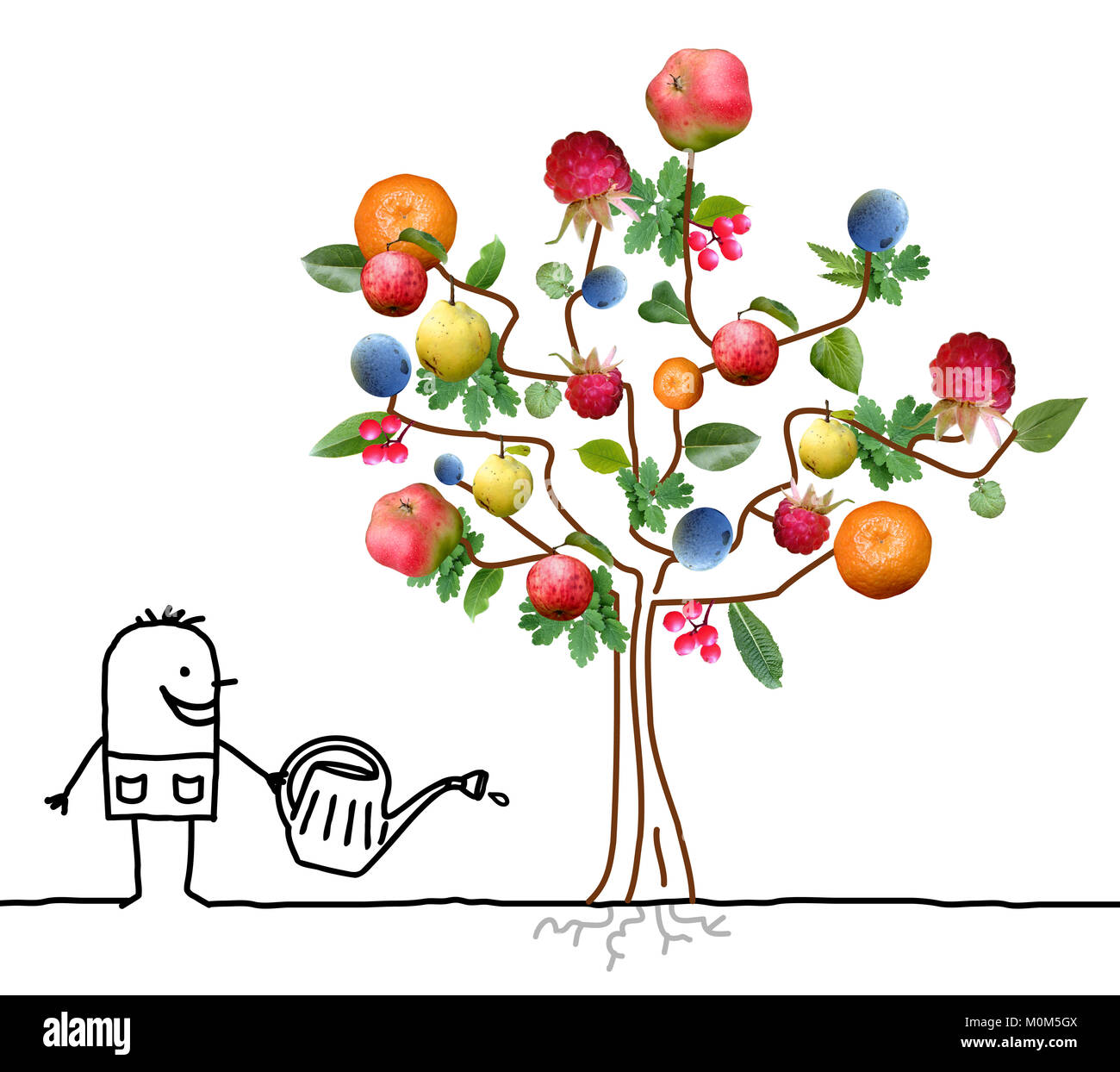 Cartoon Gardener Watering Multi Fruits Tree Stock Photo