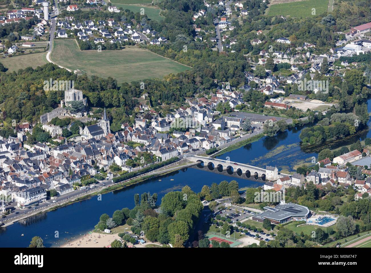France,Loir et Cher,Montrichard Val de Cher,the village on the Cher river (aerial view) Stock Photo