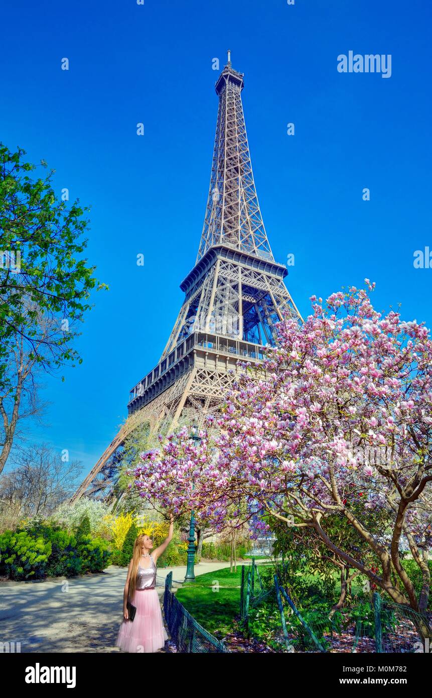 France,Paris,area listed as World Heritage,Champ de Mars park with a magnolia tree in blossom and the Eiffel tower Stock Photo