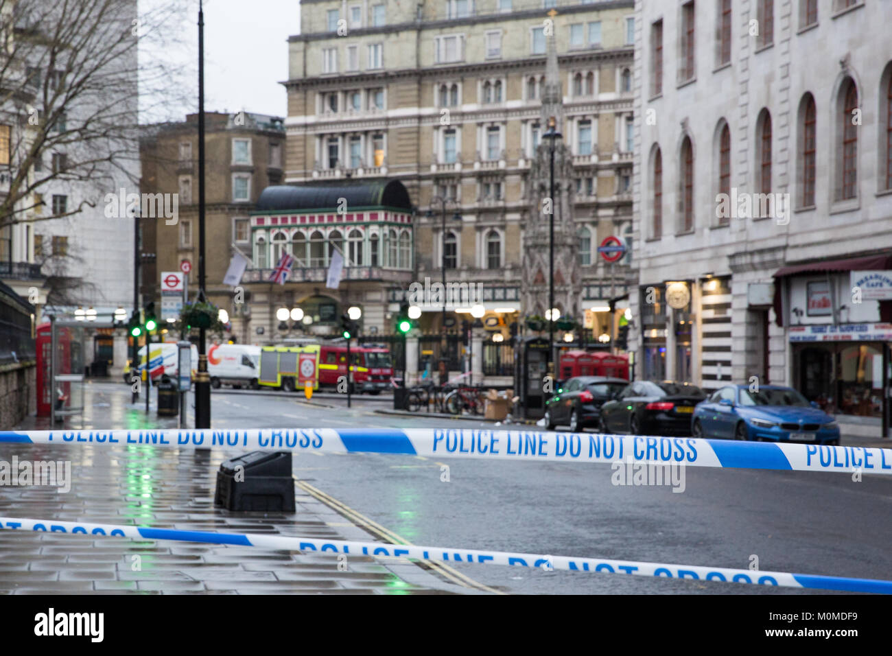 London, UK. 23rd Jan, 2018. Police cordons in place around Charing Cross Station and the Strand