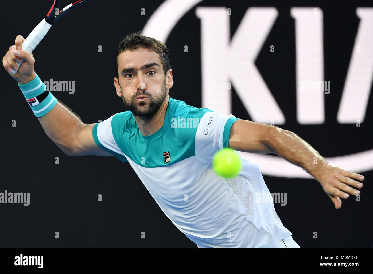 Melbourne, Australia. 23rd Jan, 2018. Number six seed Marin Cilic of Croatia in action in a Quarterfinals match against number one seed Rafael Nadal of Spain on day nine of the 2018 Australian Open Grand Slam tennis tournament in Melbourne, Australia. Sydney Low/Cal Sport Media/Alamy Live News Stock Photo