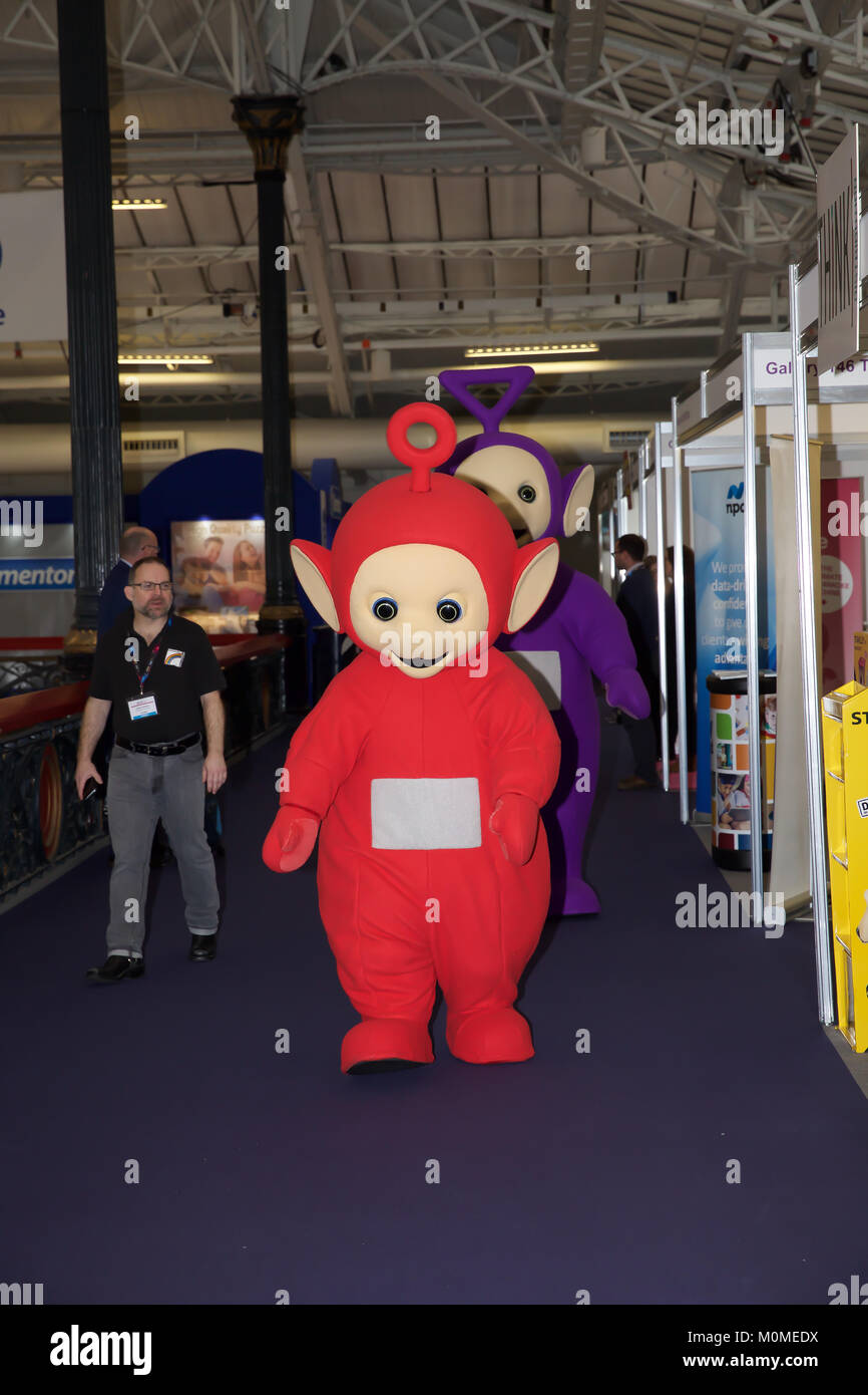 London, UK. 23rd Jan, 2018. Teletubbies attend The Toy Fair in Olympia as it gets underway, this annual event is the UK'S largest trade event with over 270 companies exhibiting thousands of products. The Fair runs for three days. Credit: Keith Larby/Alamy Live News Stock Photo