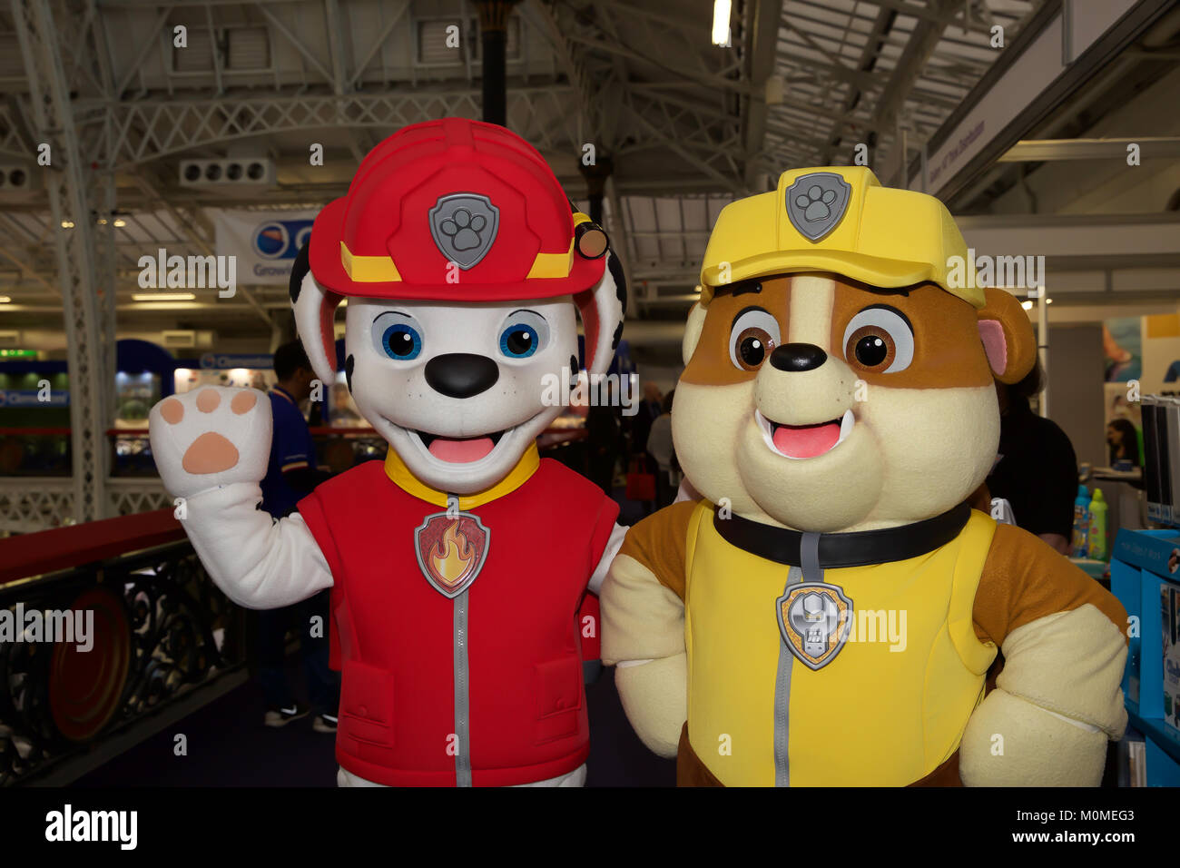 London, UK. 23rd Jan, 2018. Fireman Paw Patrol attend The Toy Fair in Olympia as it underway, this annual event is the UK'S largest trade event over 270 companies exhibiting