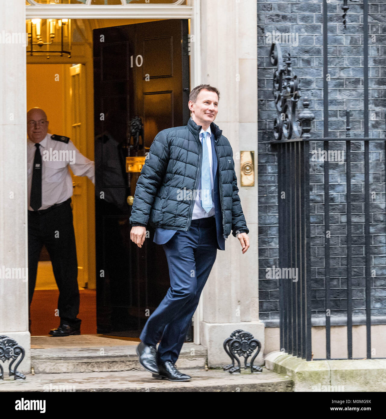 London, UK. 23rd January, 2018. Jeremy Hunt, Health Secretary leaves 10 Downing Street following a cabinet meeting.  He refused to answers reporters questions on Boris Johnson's initiative on NHS funding including a question 'Is Boris during your job now?' Credit: Ian Davidson/Alamy Live News Stock Photo